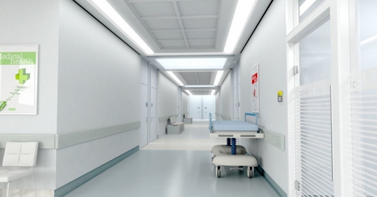 wide shot of an empty hospital hallway